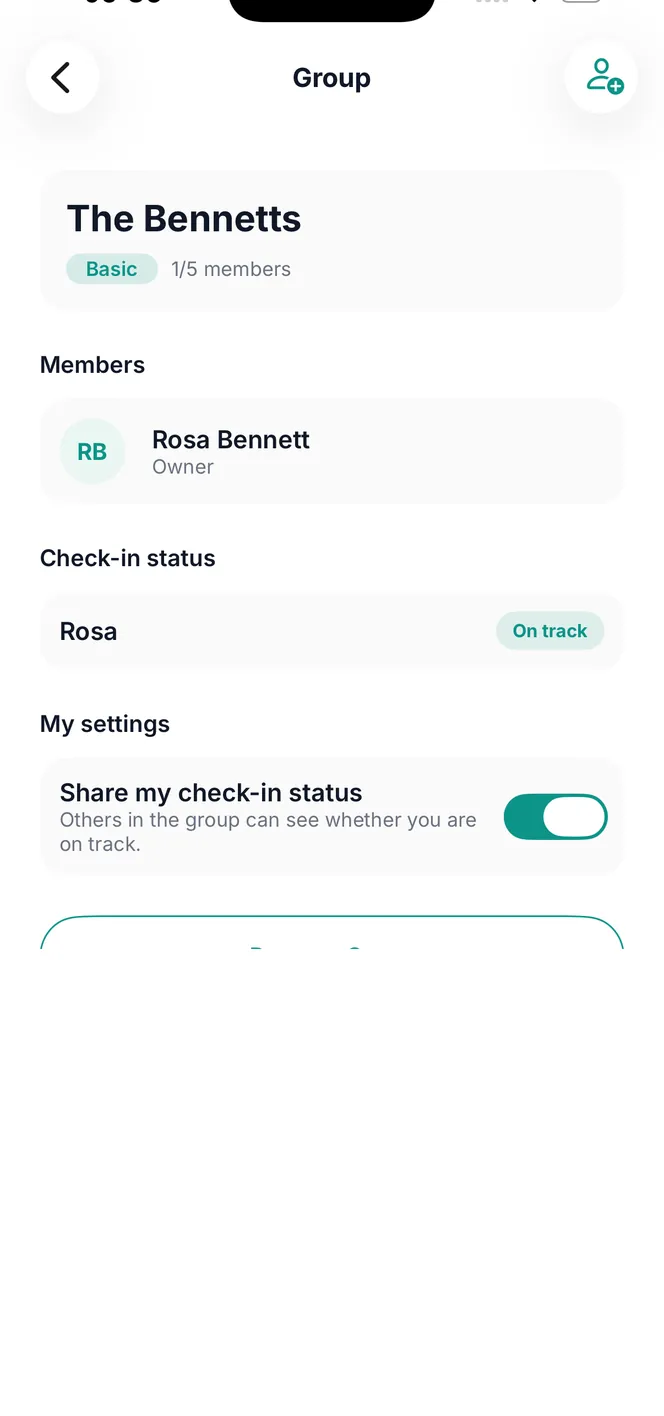 A Family & Friends group in the app, showing members and their check-in status