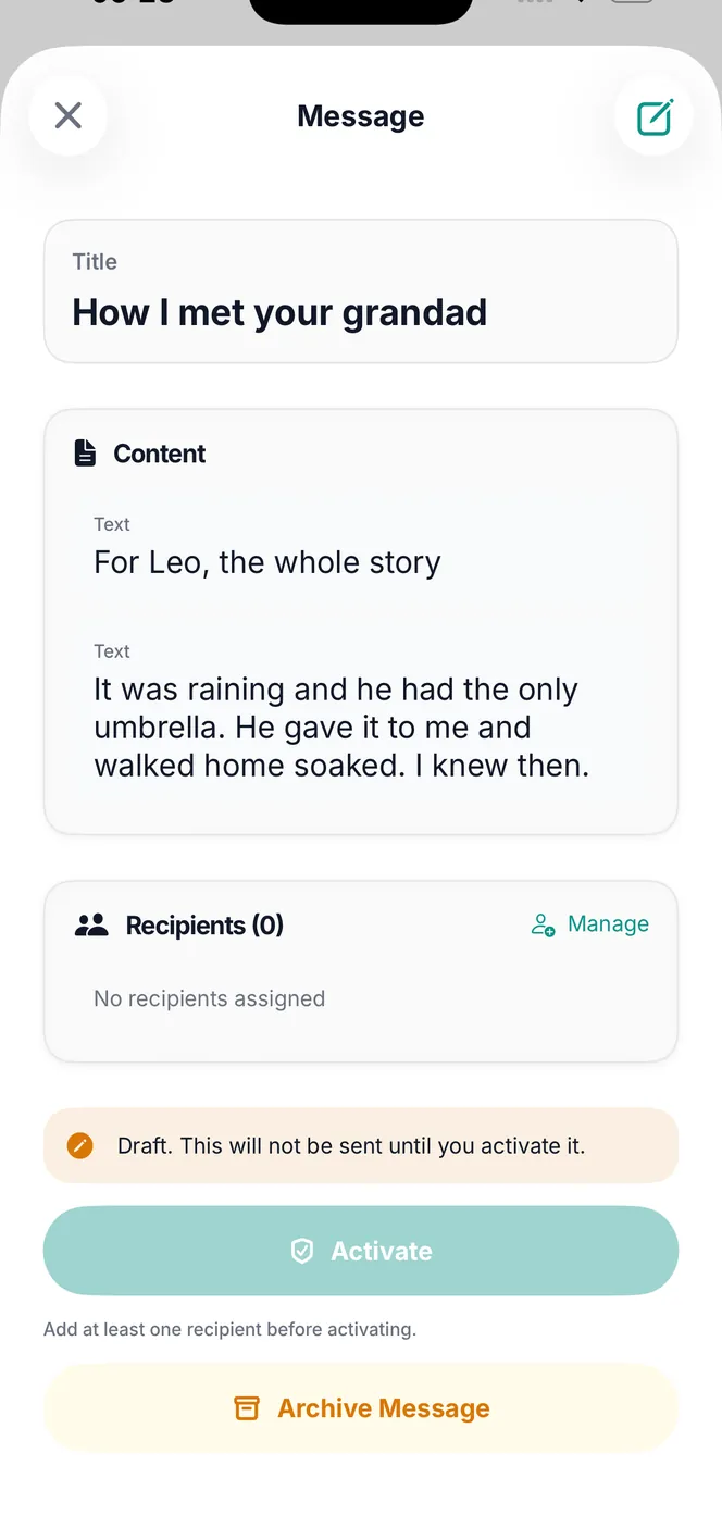 A message in the app: a letter titled How I met your grandad, with its text and recipients